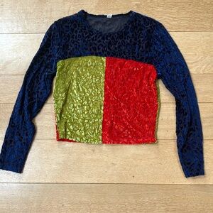 Fashion Brand Company Velvet Leopard Mix Colorblock Crop Top - Navy, yellow, Red
